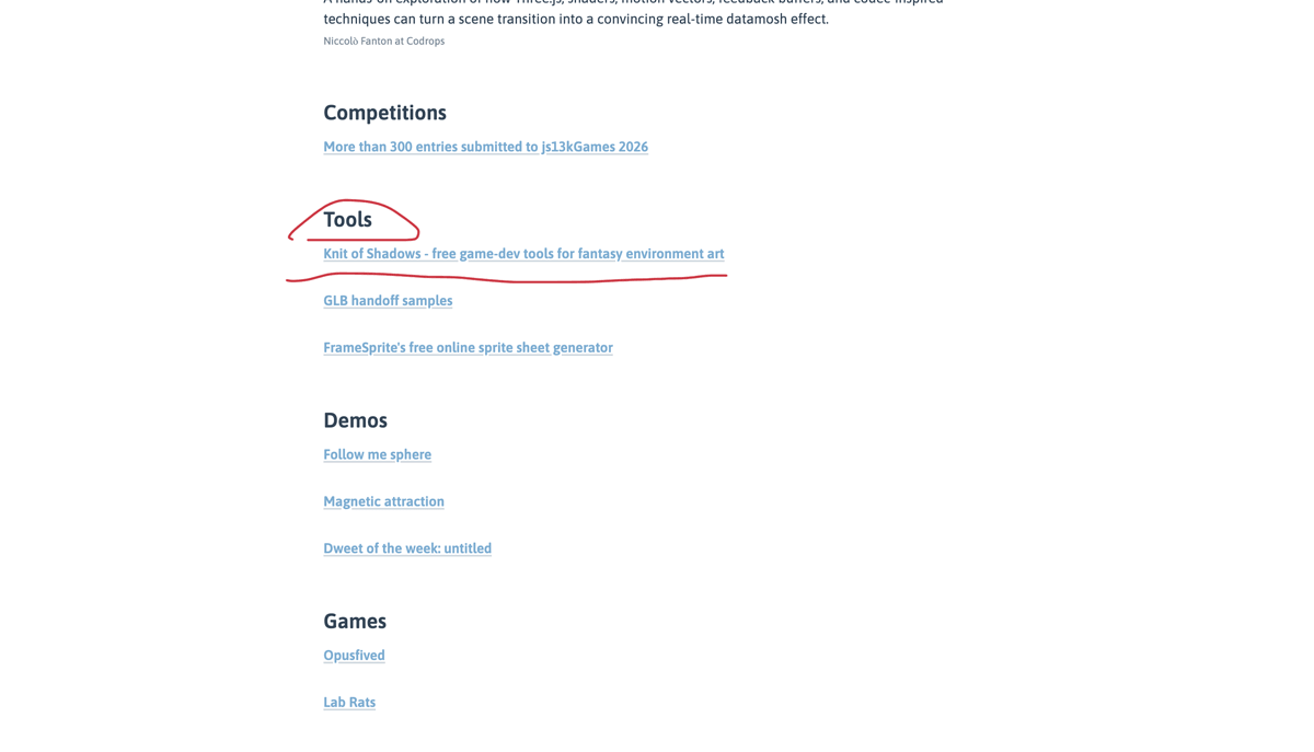 Gamedev.js Weekly issue #662 Tools section featuring Knit of Shadows